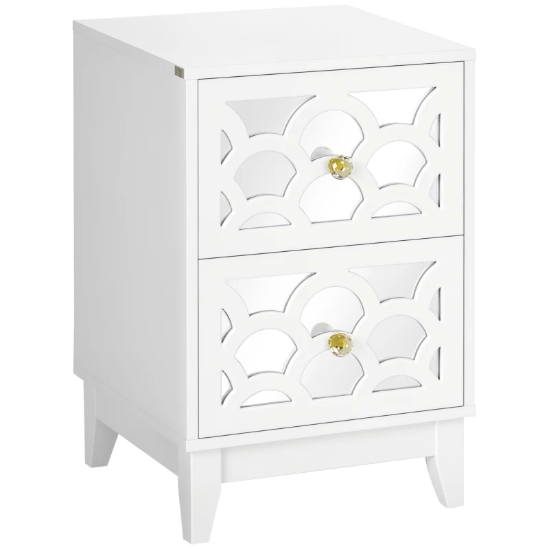 HOMCOM Modern Bedside Table, Side End Table with Drawers and Front Mirror, 15.4"x14.4"x23.6", White