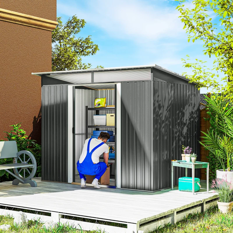Outsunny 6' x 8.5' Outdoor Metal Garden Shed Utility Tool Storage Steel Backyard House, Dark Grey