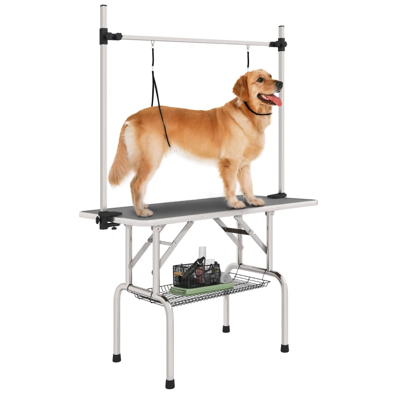 PawHut Adjustable Dog Grooming Table with 2 Safety Slings, Storage Basket, Grey