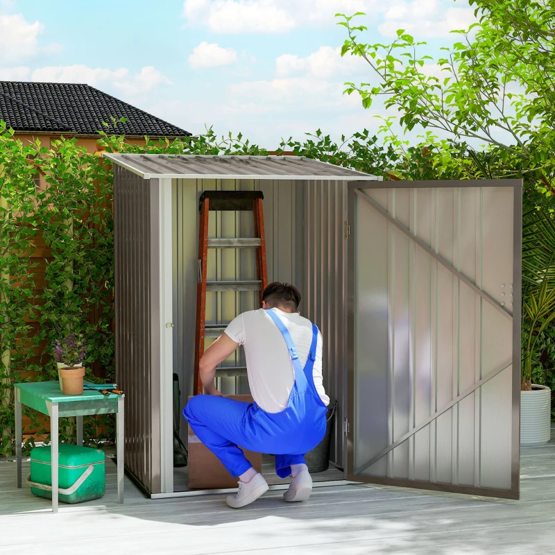 Outsunny 3.3' x 3.4' Lean-to Outdoor Garden Storage Shed, Galvanized Steel with Lockable Door for Patio Brown and White