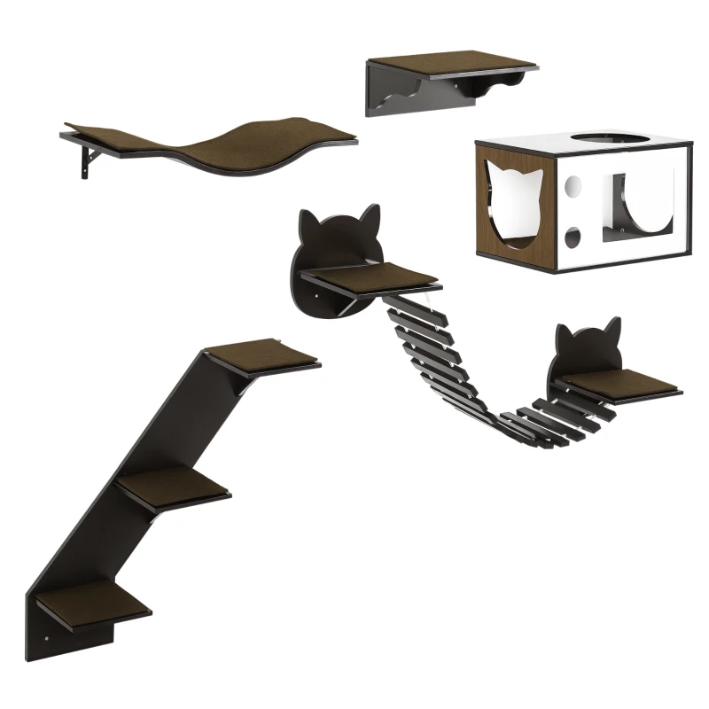 PawHut 5PCs Cat Wall Shelves Pet Wall-mounted Climbing Shelf Set with Cushion Condo Jumping Platform Ladder Brown