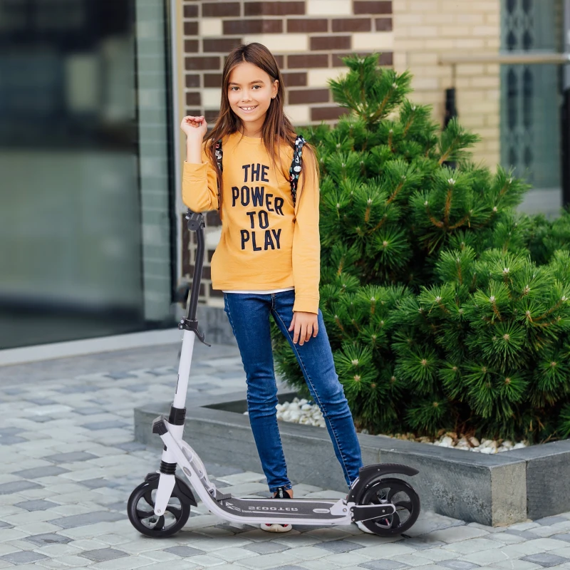 Soozier Foldable Kick Scooter with Adjustable Handlebar, Rear Brake, Dual Shock-Absorbing and Large Solid PU Tires Aluminum Frame for 14 Years Old and Up Teens Adult, White