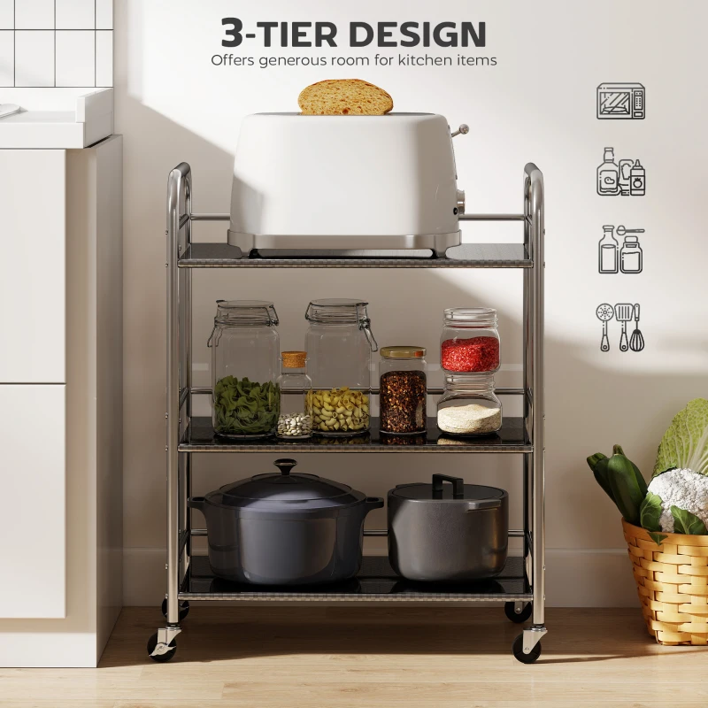 HOMCOM 3 Tier Stainless Steel Rolling Cart with Adjustable Shelf, Utility Cart on Wheels with Handles for Kitchen, Silver