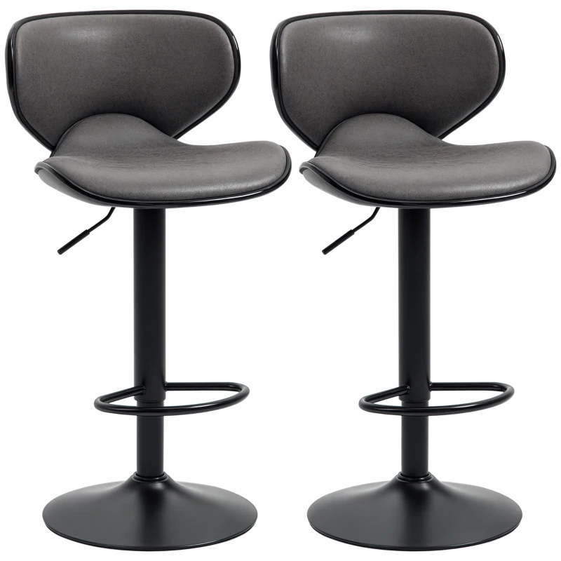 HOMCOM Adjustable Bar Stools Set of 2, Swivel Counter Height Barstools, Leathaire Upholstered Kitchen Island Stools with Back, Footrest and Steel Base, Dark Grey