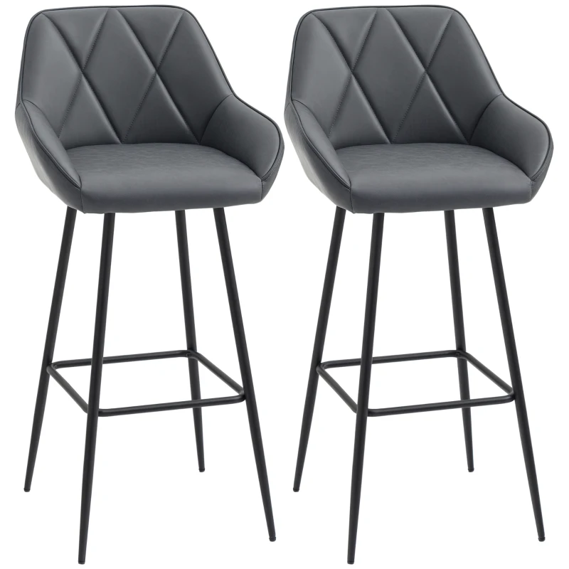 HOMCOM Retro Bar Stools Set of 2, Bar Chairs with Footrest, 30" (76 cm.) Kitchen Stools with Backs and Steel Legs, for Kitchen Island and Home Bar, Grey