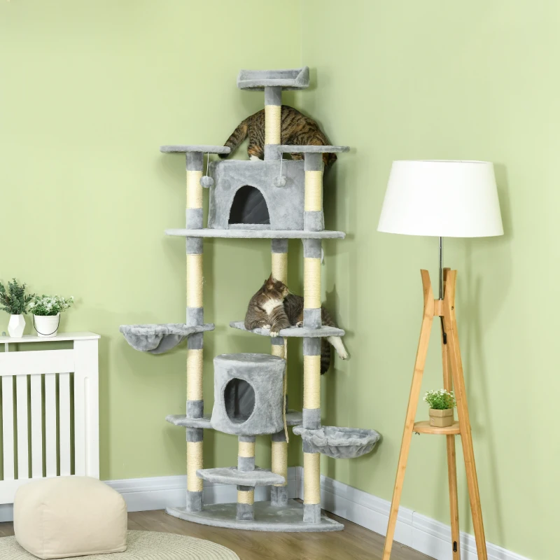 PawHut 79" Cat Tree Multi-Level with Two Condos, Kitty Tower with Scratching Posts, Two Hammocks, Perches, Interactive Toys, Dark Gray