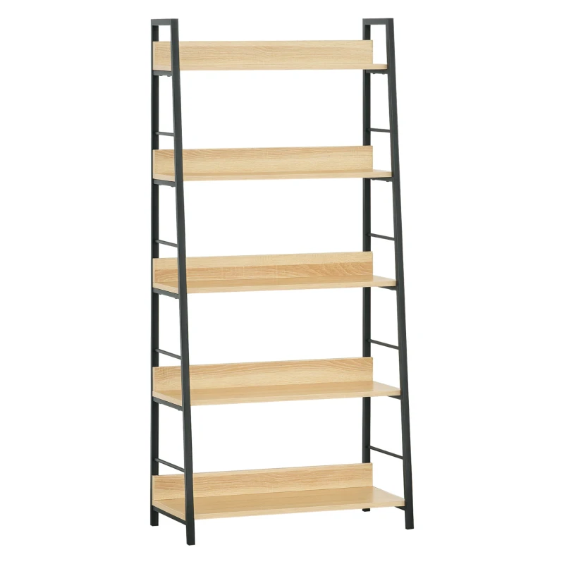 HOMCOM Modern Bookshelf Storage with 5-Tier Wide Shelving, Metal Frame, Wooden Bookcase for Living Room Library Home Furniture, Oak