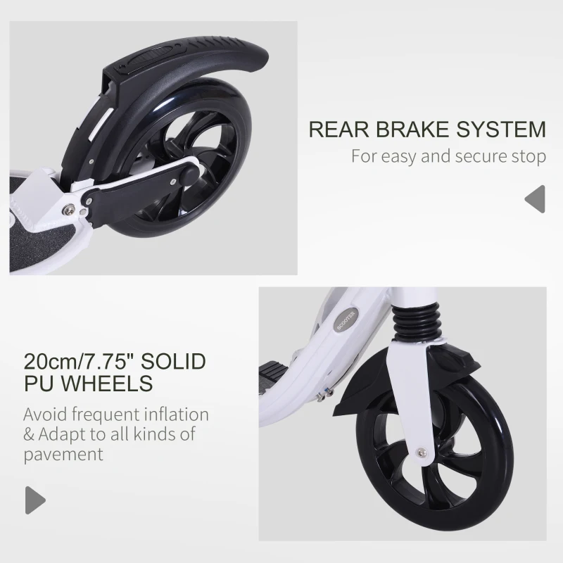 Soozier Foldable Kick Scooter with Adjustable Handlebar, Rear Brake, Dual Shock-Absorbing and Large Solid PU Tires Aluminum Frame for 14 Years Old and Up Teens Adult, White