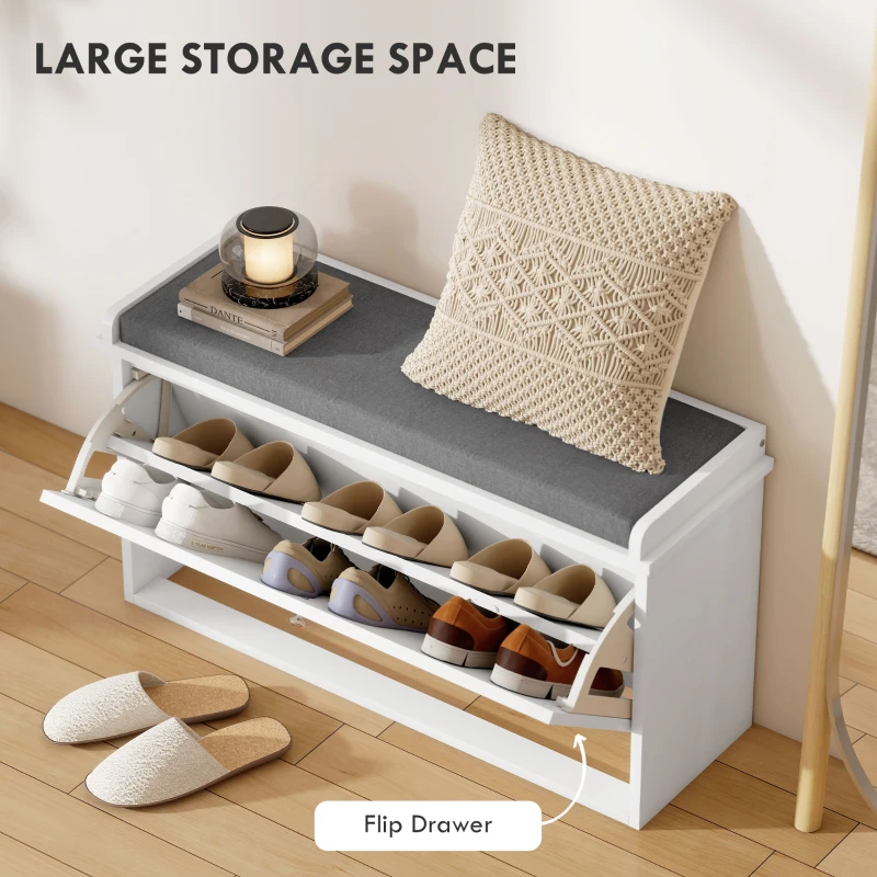 HOMCOM Shoe Storage with Seat, Upholstered Hallway Bench, Shoe Bench with Flip Drawer, Adjustable Shelf for 8 Pairs of Shoes