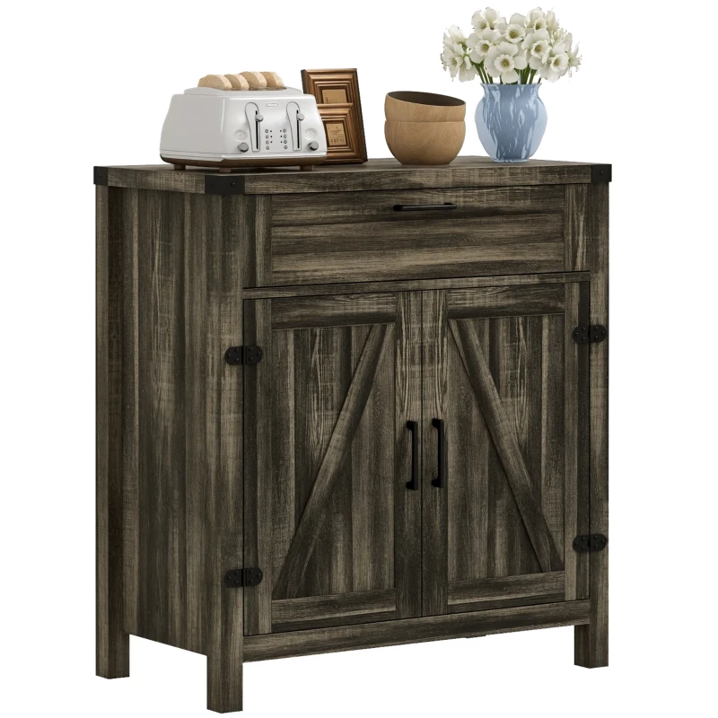 HOMCOM Farmhouse Kitchen Storage Cabinet, Sideboard Buffet Cabinet with 2 Rustic Barn Doors and Drawer, Dark Oak