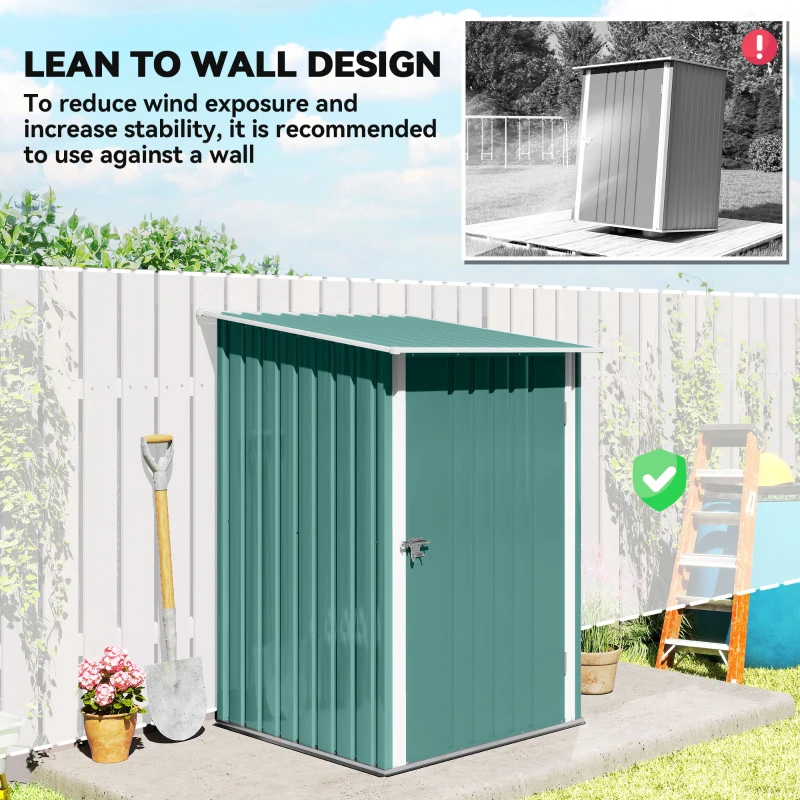 Outsunny 3.3' x 3.4' Lean-to Garden Storage Shed, Outdoor Galvanized Steel Tool House with Lockable Door for Patio Green
