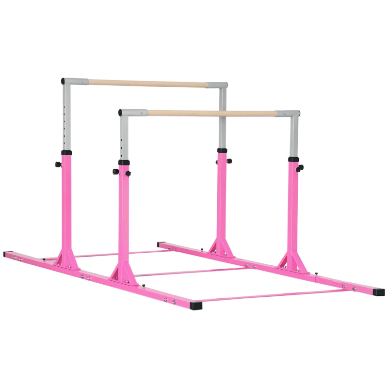 Qaba Double Horizontal Bars, Junior Gymnastic Training Parallel Bars with Double-locking System 13-level 36"-59" Adjustable Heights, 6-level Adjustable Width for Indoor Outdoor, Pink
