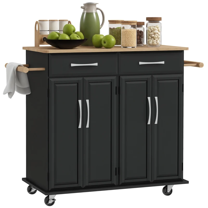 HOMCOM Kitchen Island on Wheels with Rubberwood Top, Rolling Kitchen Cart with 2 Drawers, 4 Doors and Adjustable Shelves