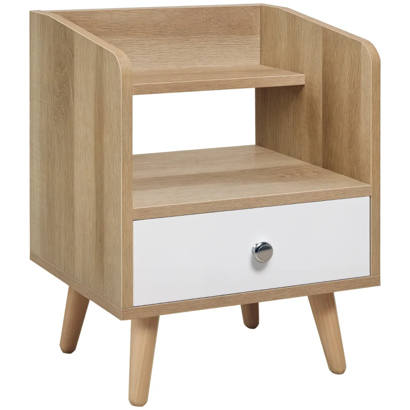 HOMCOM Bedside Table with 2-tier Shelf and Drawer, Side End Table with Storage for Living Room, Bedroom, Natural
