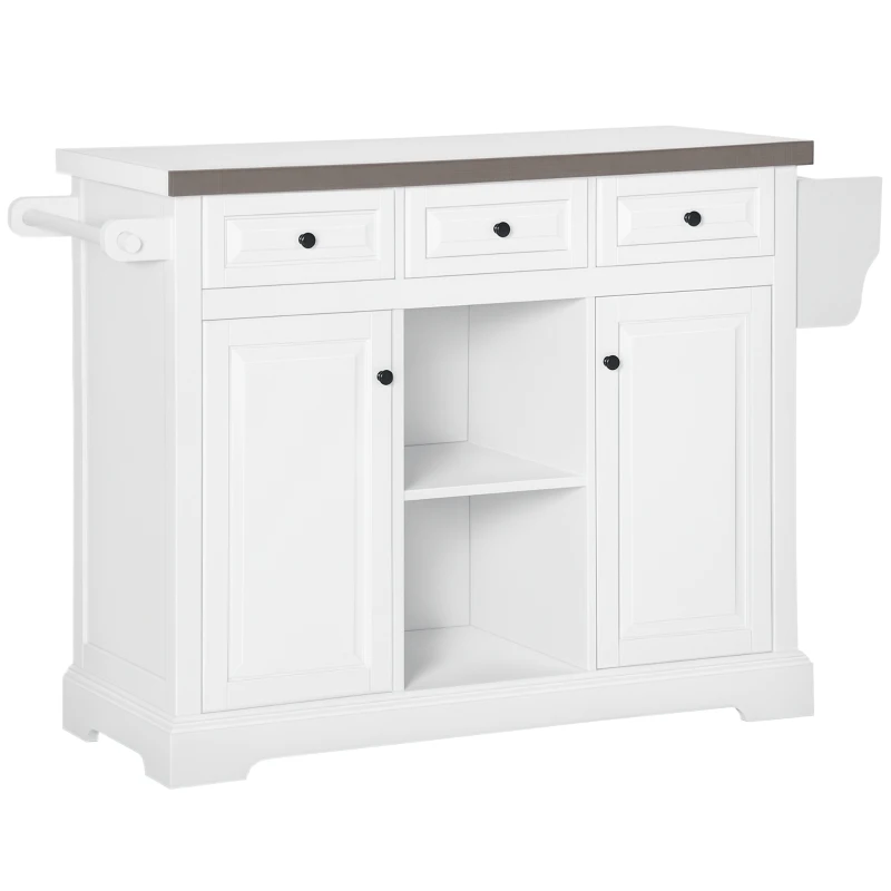 HOMCOM Rolling Kitchen Island with Storage, Kitchen Cart with Stainless Steel Top, Spice Rack & Drawers, White