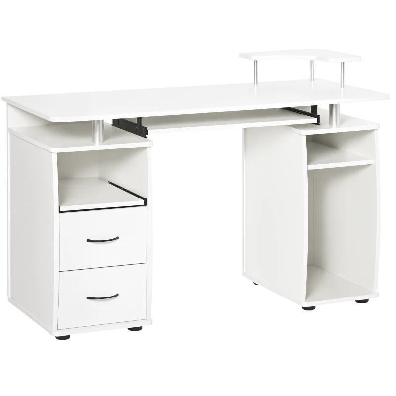 HOMCOM Computer Desk with Keyboard Tray, Home Office Desk with Drawers, CPU Stand, Printer Stand and Open Shelves, Writing Workstation for Study, White