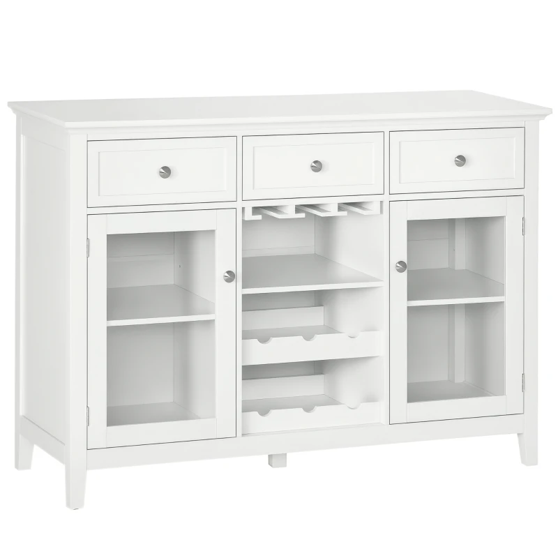 HOMCOM Coffee Bar Cabinet with 3 Drawers, 6-Bottle Wine Rack, Stemware Racks, Glass Door, Sideboard Buffet Cabinet, Wine Cabinet, White