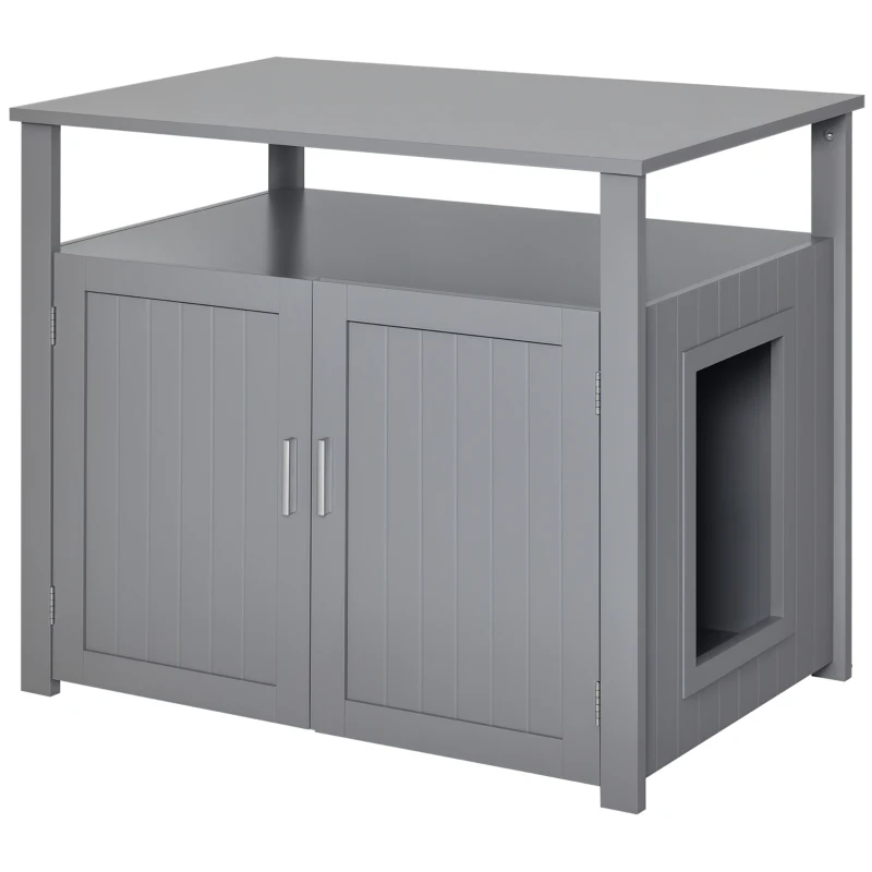PawHut Wooden Cat Litter Box Enclosure Furniture with Adjustable Partition, Cat Washroom End Table with Open Shelf, Gray