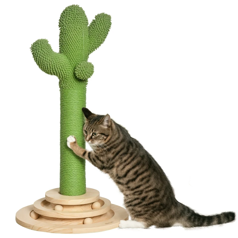 PawHut Cat Scratching Post, Cute Cactus Scratching Post, Nature Sisal Cat Scratcher with Ball Toys for Indoor Cats