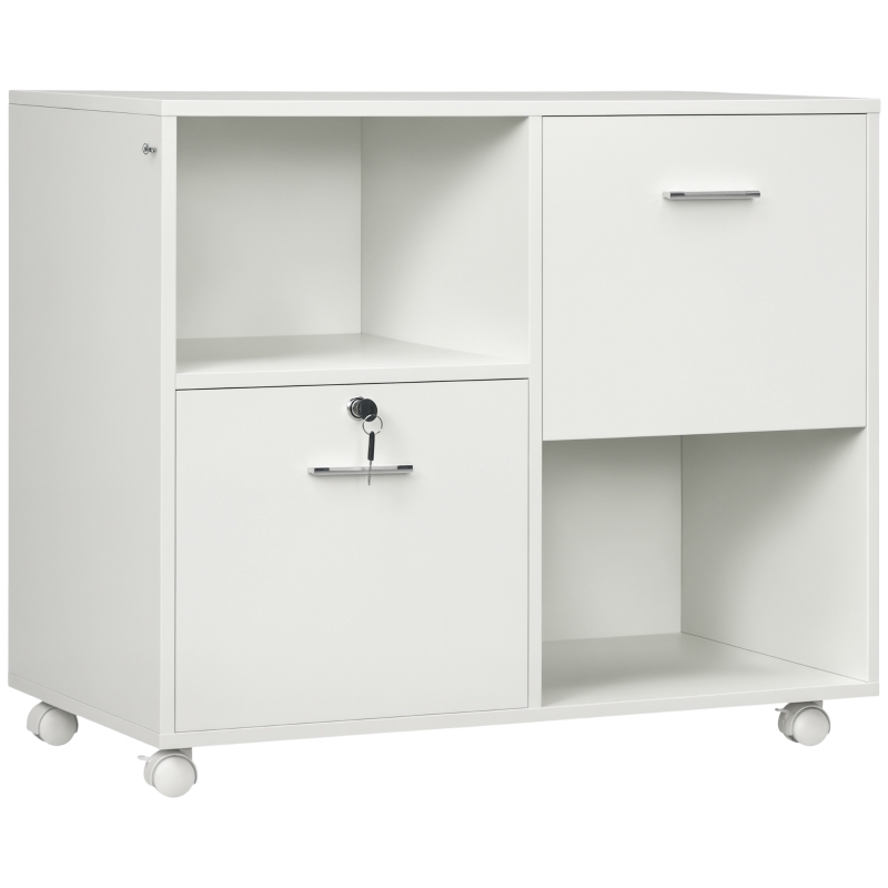 Vinsetto Lateral Filing Cabinet with Drawers and Lock, File Cabinet, Mobile Printer Stand with Open Shelves and Wheels for Letter and A4 Size Documents, White