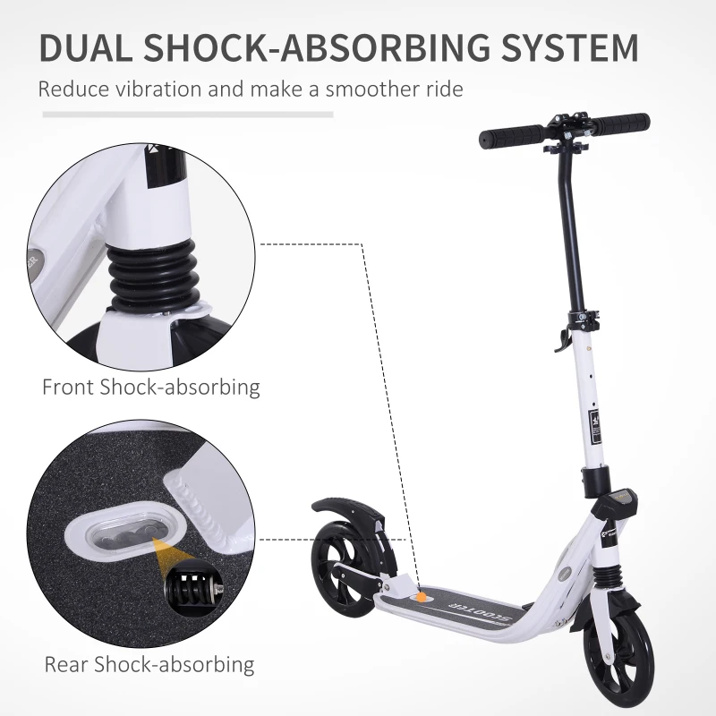 Soozier Foldable Kick Scooter with Adjustable Handlebar, Rear Brake, Dual Shock-Absorbing and Large Solid PU Tires Aluminum Frame for 14 Years Old and Up Teens Adult, White