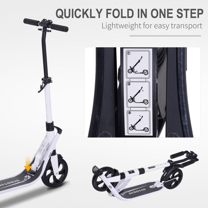 Soozier Foldable Kick Scooter with Adjustable Handlebar, Rear Brake, Dual Shock-Absorbing and Large Solid PU Tires Aluminum Frame for 14 Years Old and Up Teens Adult, White