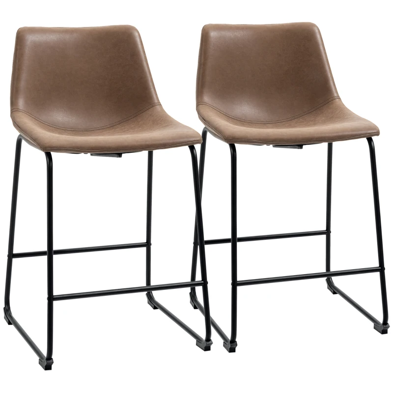 HOMCOM Counter Height Bar Stools Set of 2, Vintage PU Leather Bar Chairs, Kitchen Stools w/ Footrest for Home Bar, Brown
