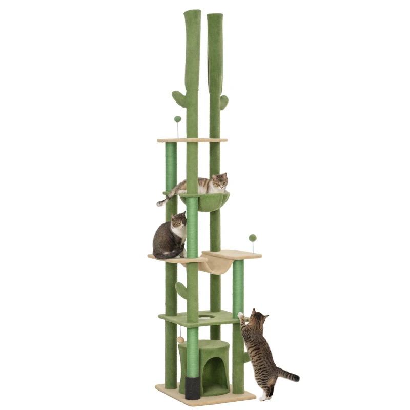 PawHut 89"-100" Floor to Ceiling Cat Tree Cat Tower for Large Cats w/ Scratching Posts, Grooming Brush Post, Cat Condo, Green