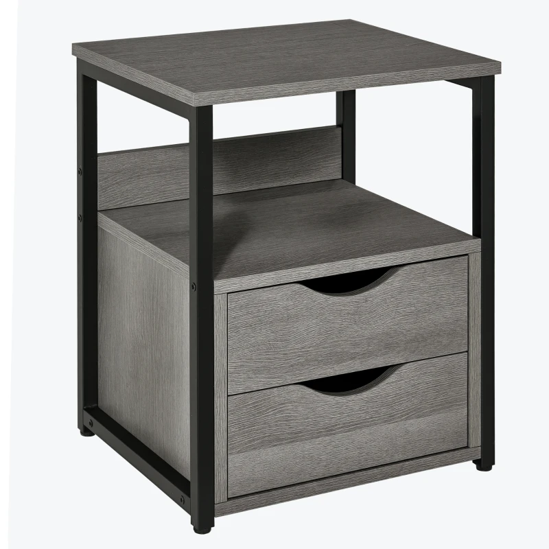 HOMCOM Industrial End Table with 2 Drawers and Open Shelf, Side Table for Living Room, Gray