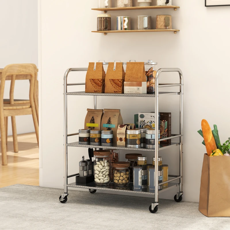 HOMCOM 3 Tier Stainless Steel Rolling Cart with Adjustable Shelf, Utility Cart on Wheels with Handles for Kitchen, Silver