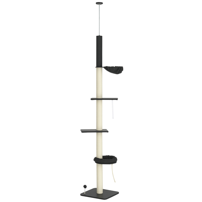 PawHut Floor To Ceiling Cat Tree, 5-Tier Cat Climbing Tower, 95''-106'' Height Adjustable with Carpeted Platforms, Cozy Bed, Hammock, Scratching Post & Toy Ball for Indoor Cats, Dark Gray and Cream