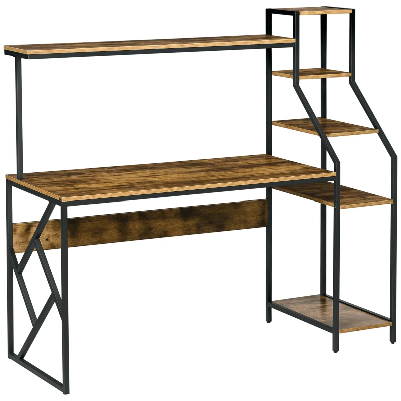 HOMCOM 59" Computer Desk with Storage Shelves, Study Writing Table for Home Office, Industrial Modern Workstation, Rustic Brown