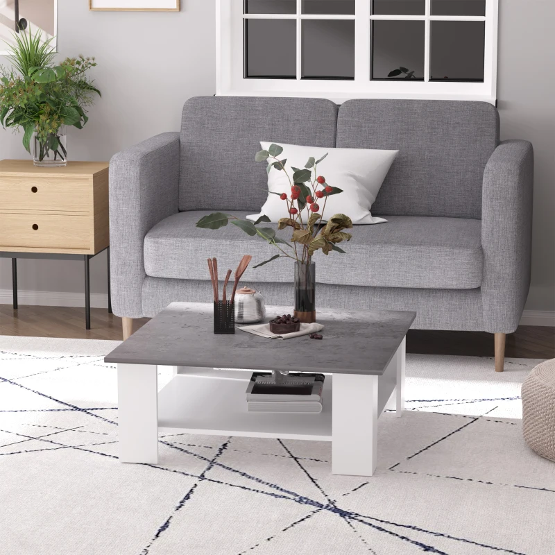 HOMCOM Square Coffee Table with Storage Shelf and Cement-like Tabletop for Living Room, White