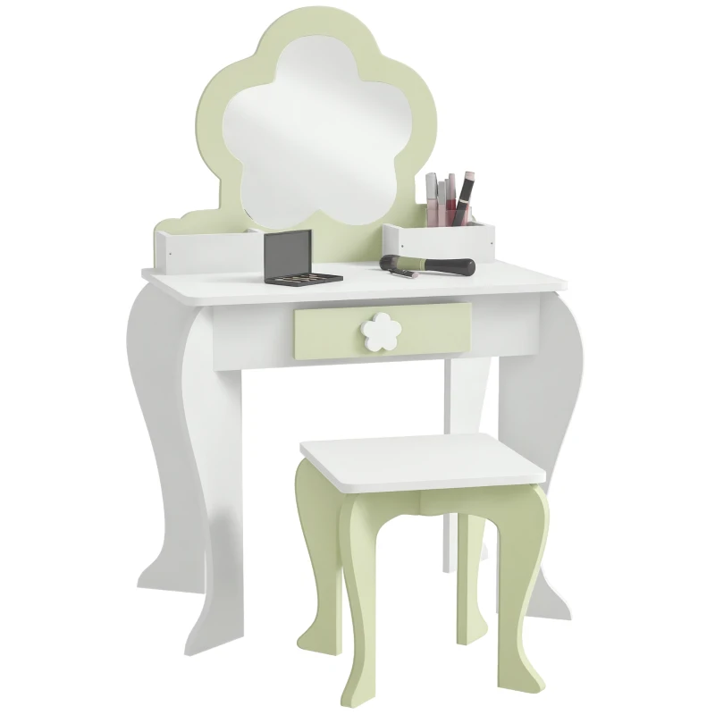 Qaba Kids Makeup Vanity Set with Stool, Mirror, Drawer, Storage Boxes, White