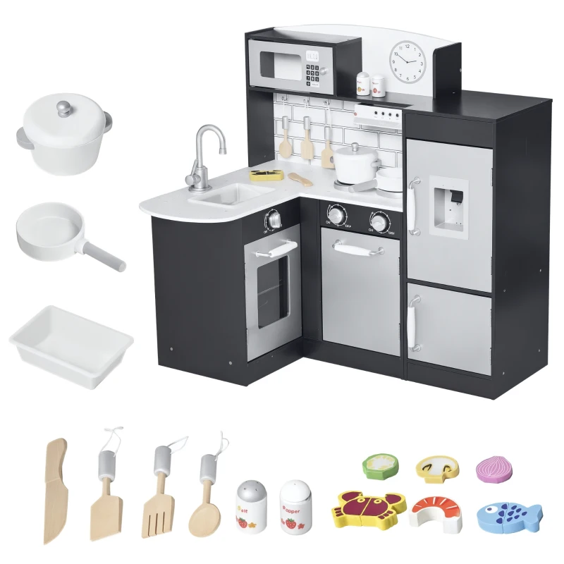 Qaba Kids Kitchen Play Cooking Toy Set for Children with Drinking Fountain, Microwave, Accessories, Dark Brown