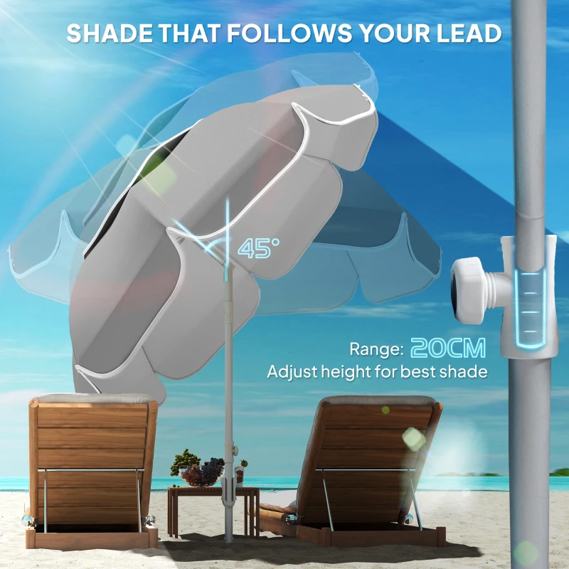 Outsunny 6 ft Beach Umbrella Portable with Sand Anchor, Carry Bag, Adjustable Height & Tilt, UPF50+ UV Protection, Grey