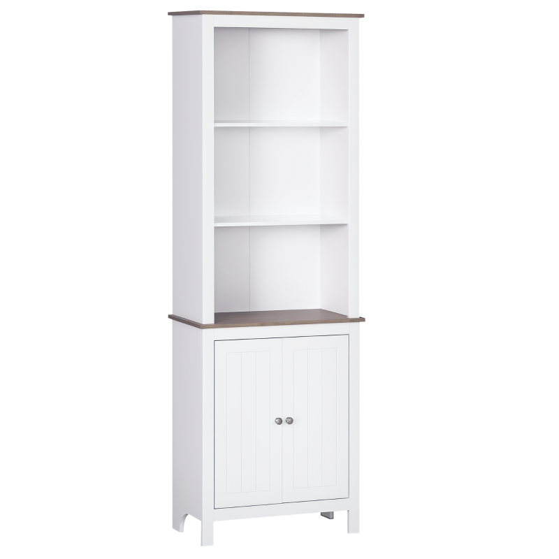 HOMCOM 69" Tall Bathroom Storage Cabinet, Bookcase with 3 Open Compartments and Double Door Cupboard, White