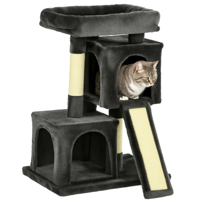 PawHut Plush Cat Tree Tower w/ Sisal Scratching Post Board Perch Condo Dark Grey