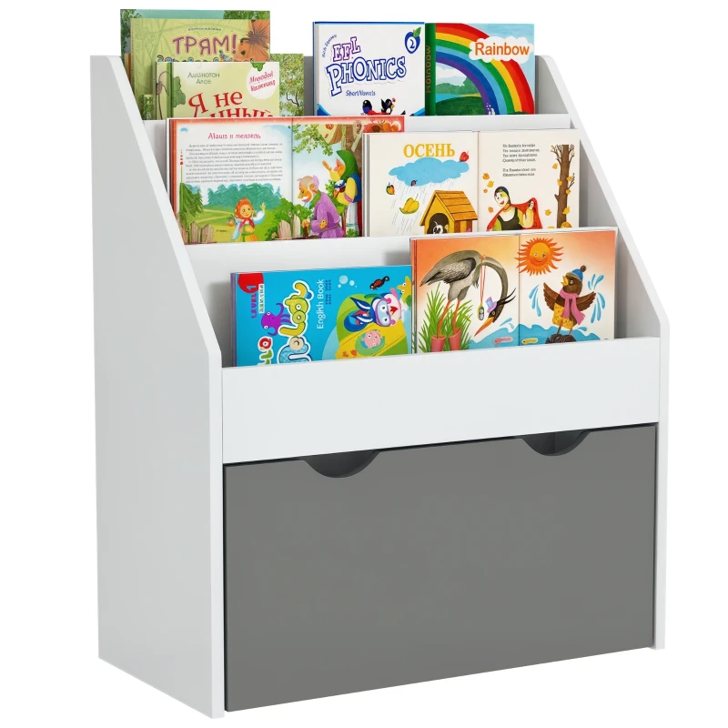 Qaba Kids Bookshelf with 3 Tier Display Shelves, Drawer for Nursery, Grey