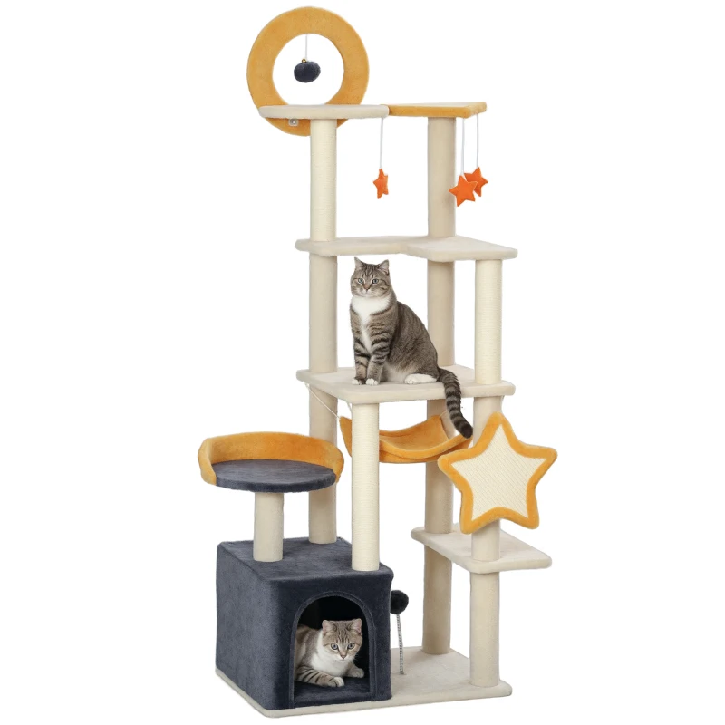 PawHut 63 Inch Moon and Star Themed Cat Tree with Scratching Post, Hammock, Condo, Bed, Scratching Board & Cat Toys, Beige
