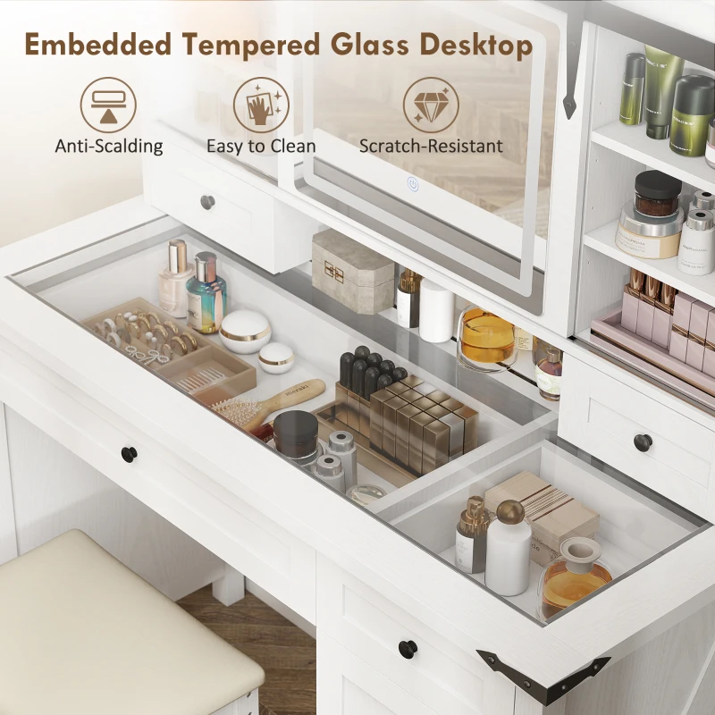 HOMCOM Vanity Desk Set with Mirror and Lights, Cushioned Stool, Storage Drawer, Cabinet, Shelves for Bedroom, White