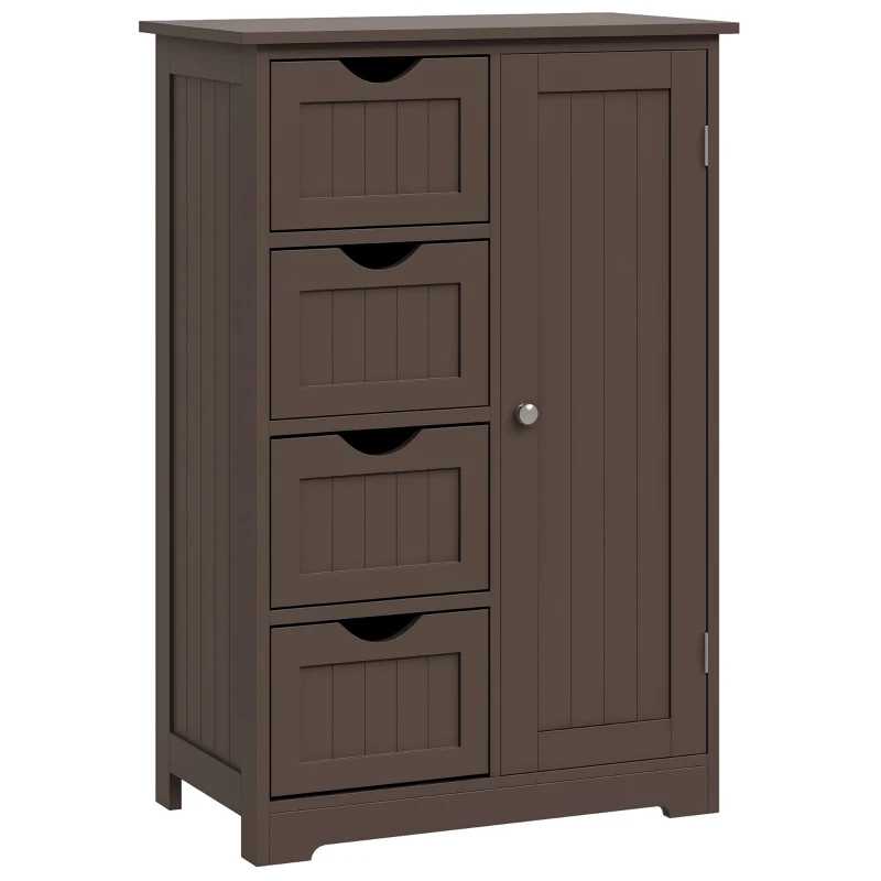 kleankin Bathroom Storage Cabinet, Floor Cabinet with Adjustable Shelf and 4 Drawers, Side Cabinet for Washroom, Brown