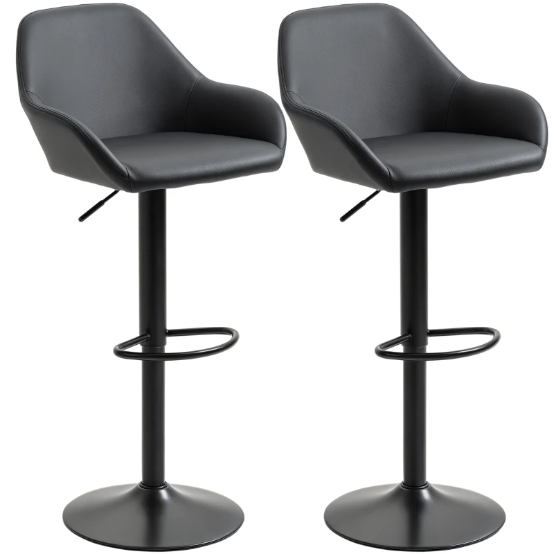 HOMCOM Adjustable Bar Stools, Swivel Counter Height Barstools with Footrest and Back, PU Leather and Steel Round Base, for Kitchen Counter and Dining Room, Set of 2, Black