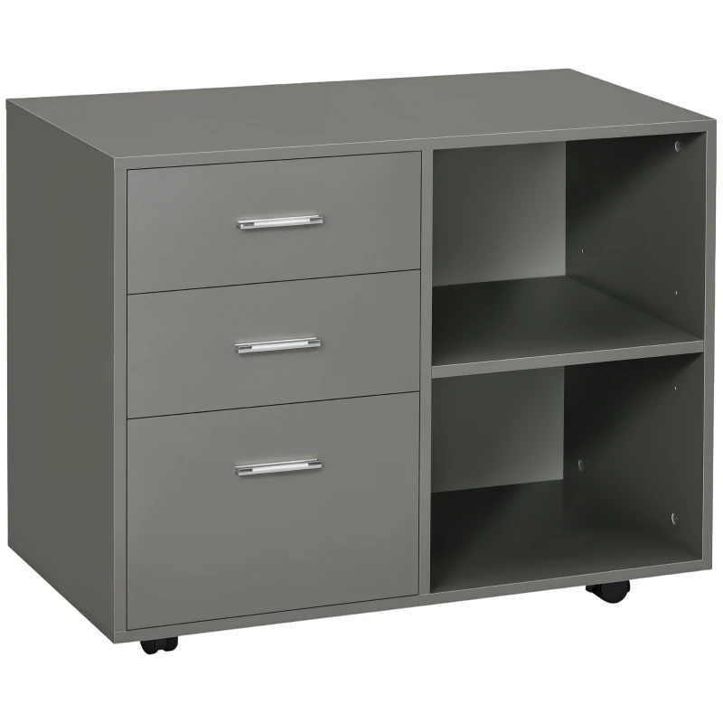 HOMCOM Modern Lateral Filing Cabinet, 3 Drawer File Cabinet for Letter and A4 Size Documents, Mobile, Printer Stand with Open Shelves, Rolling Wheels, Grey