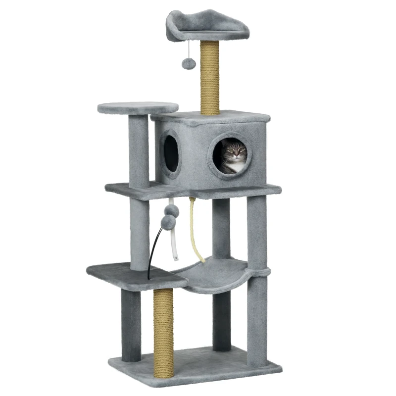 PawHut 54" Cat Tree for Larger Cats Adult with Hammock, Tal Cat Tree Tower with Scratching Post, Condo, Platforms, Play Balls for Indoor Cats, Grey