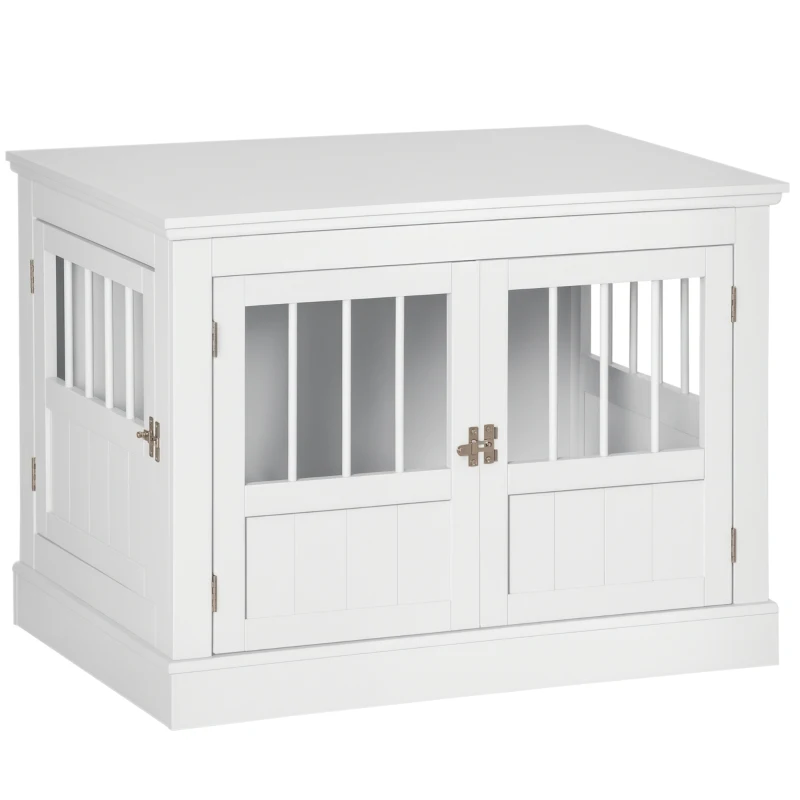 PawHut Wooden Dog Crate End Table, Dog Crate Furniture with Triple Doors, Puppy Crate for Small Dogs Indoor Use, White