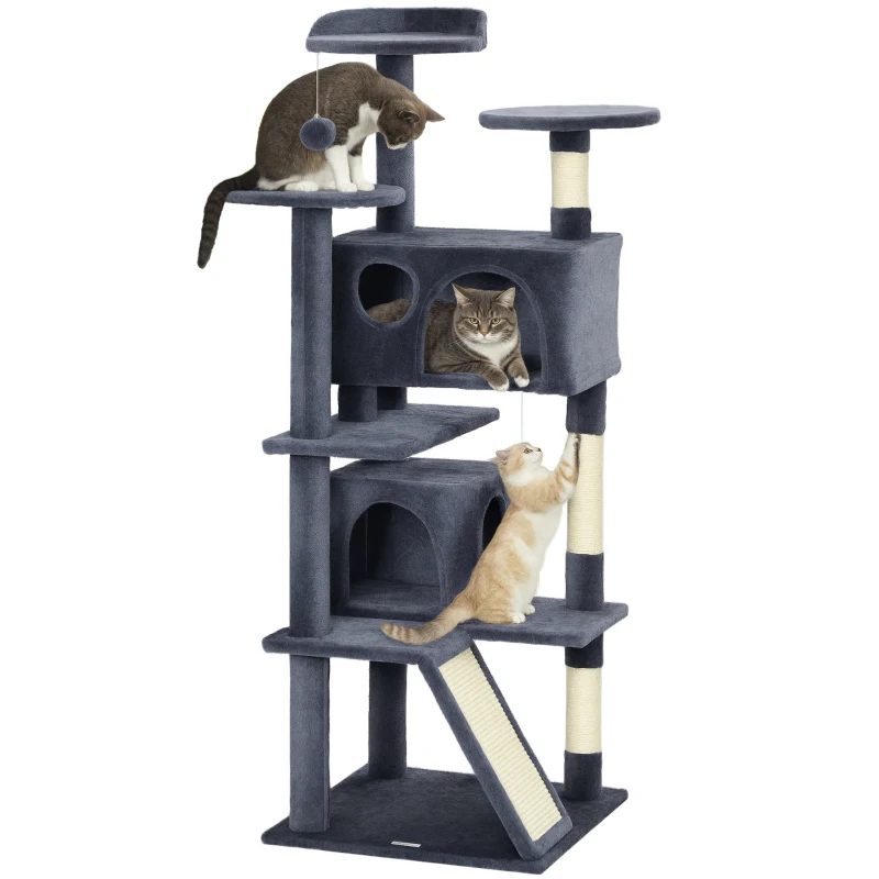 PawHut 54" Cat Tree, Multi-Level Cat Tower with Scratching Posts, Cat Condos, Bed, Platforms, Ramp, Toy Ball, Dark Grey