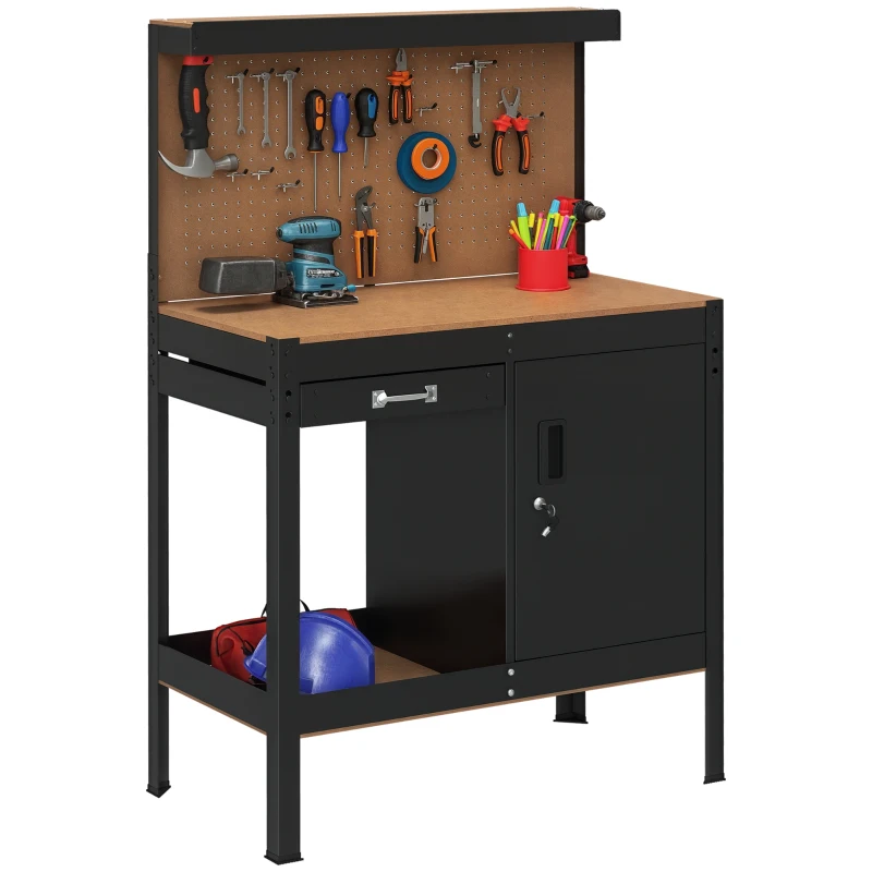 HOMCOM Multipurpose Tool Workbench for Garage, Garage Bench with Storage Drawer, Peg Board, Lockable Cabinet
