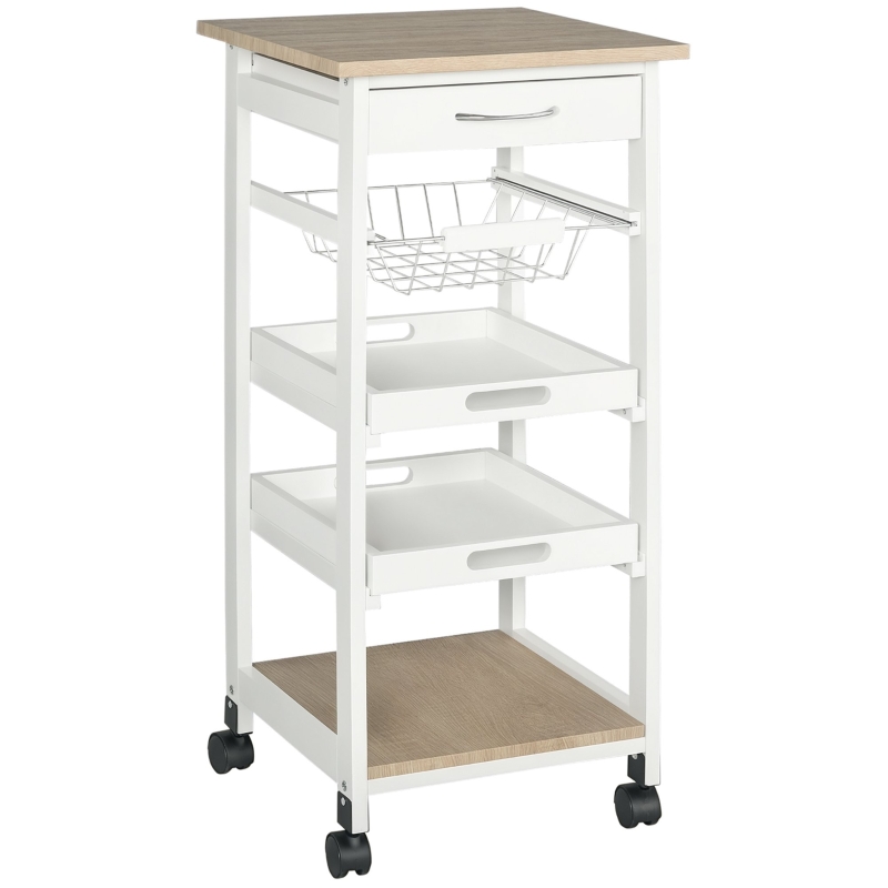 HOMCOM Mobile Kitchen Cart, Rolling Kitchen Island with Storage, Solid Wood Frame Utility Cart with Wire Fruit Baskets, Trays and Drawer, White