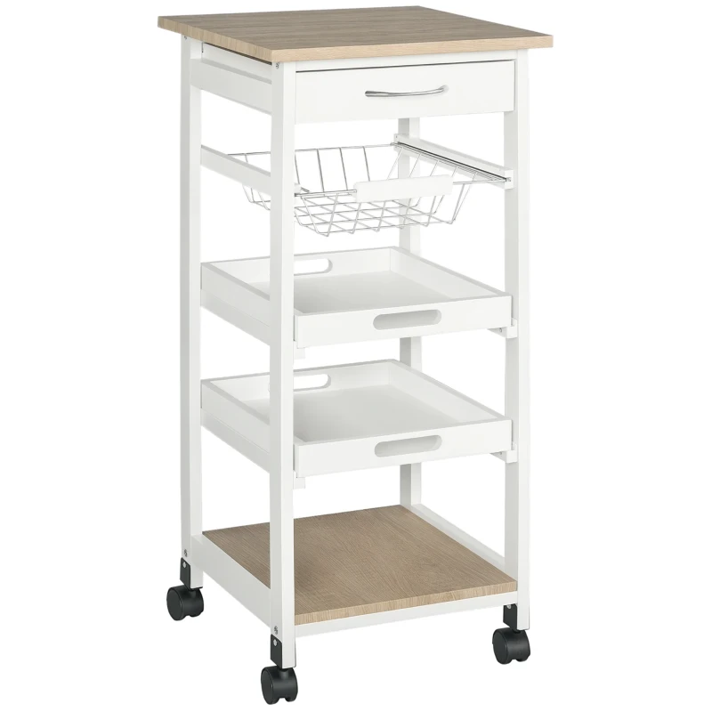 HOMCOM Mobile Kitchen Cart, Rolling Kitchen Island with Storage, Solid Wood Frame Utility Cart with Wire Fruit Baskets, Trays and Drawer, White